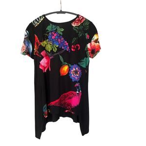 Desigual Vanity T Shirt Size Medium Bird Fruit Artsy Black FLAW